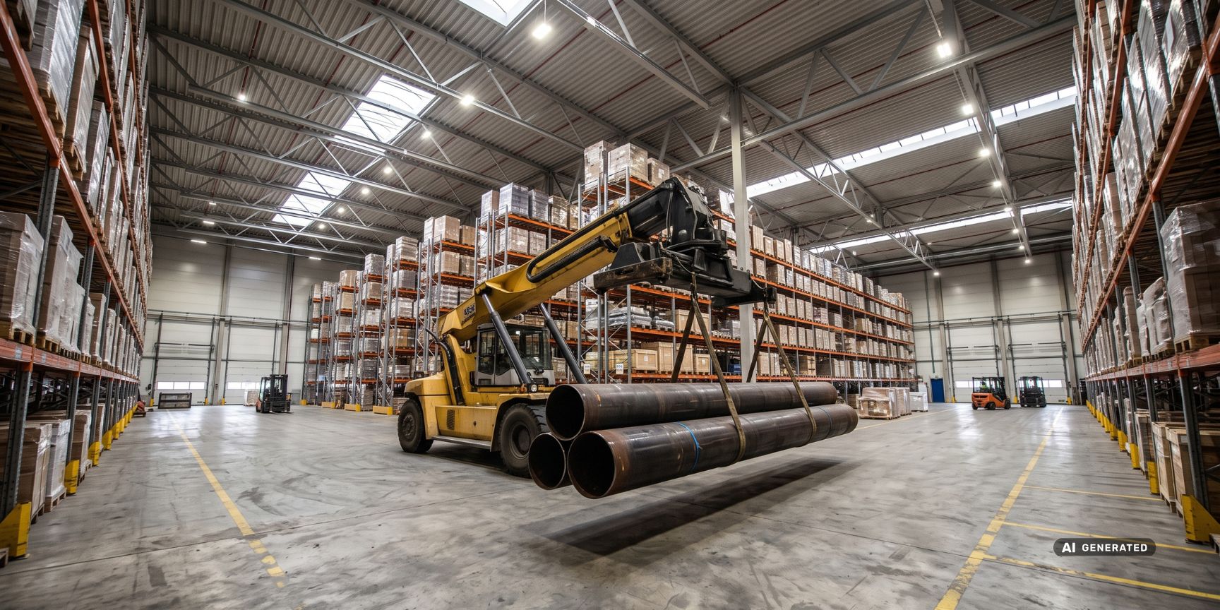 Innenansicht einer Logistikhalle mit überdurchschnittlicher Deckenhöhe. Ein Greifstapler transportiert Schwergut auf hochbelastbarem Industrieboden.
